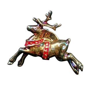 AVON Festive Reindeer Pin Signed Broach Gold Tone Red